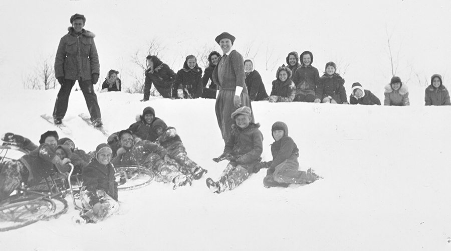 Students play in snow